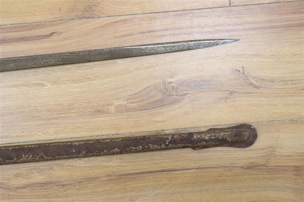 A George V Infantry officers sword, 1895 pattern, makers S J Kitchin, Sheffield, with steel scabbard, 82cm straight single-etched blad